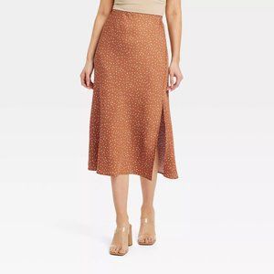 Midi A-Line Slip Skirt - Brown/Cream Polka Dot